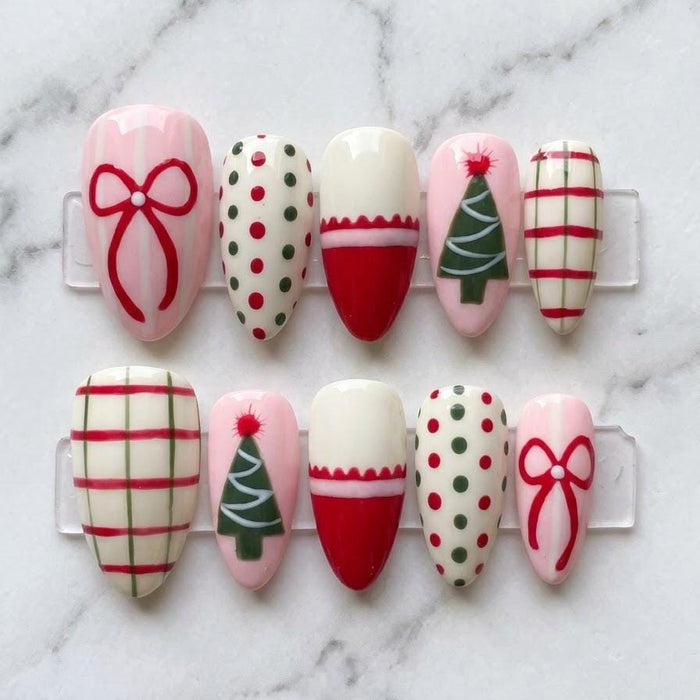 Pink and Red Christmas Plaid Press On Nails With Bows, Trees, and Polka Dots