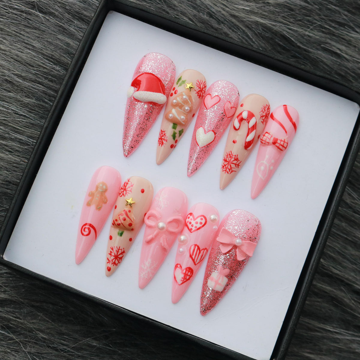 Pink and Red Christmas Press On Nails with 3D Bows, Gingerbread and Glitter
