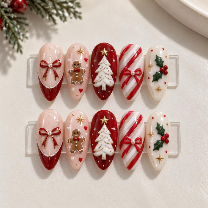 Pink and Red Christmas Press On Nails with 3D Bows, Gingerbread and Candy Canes