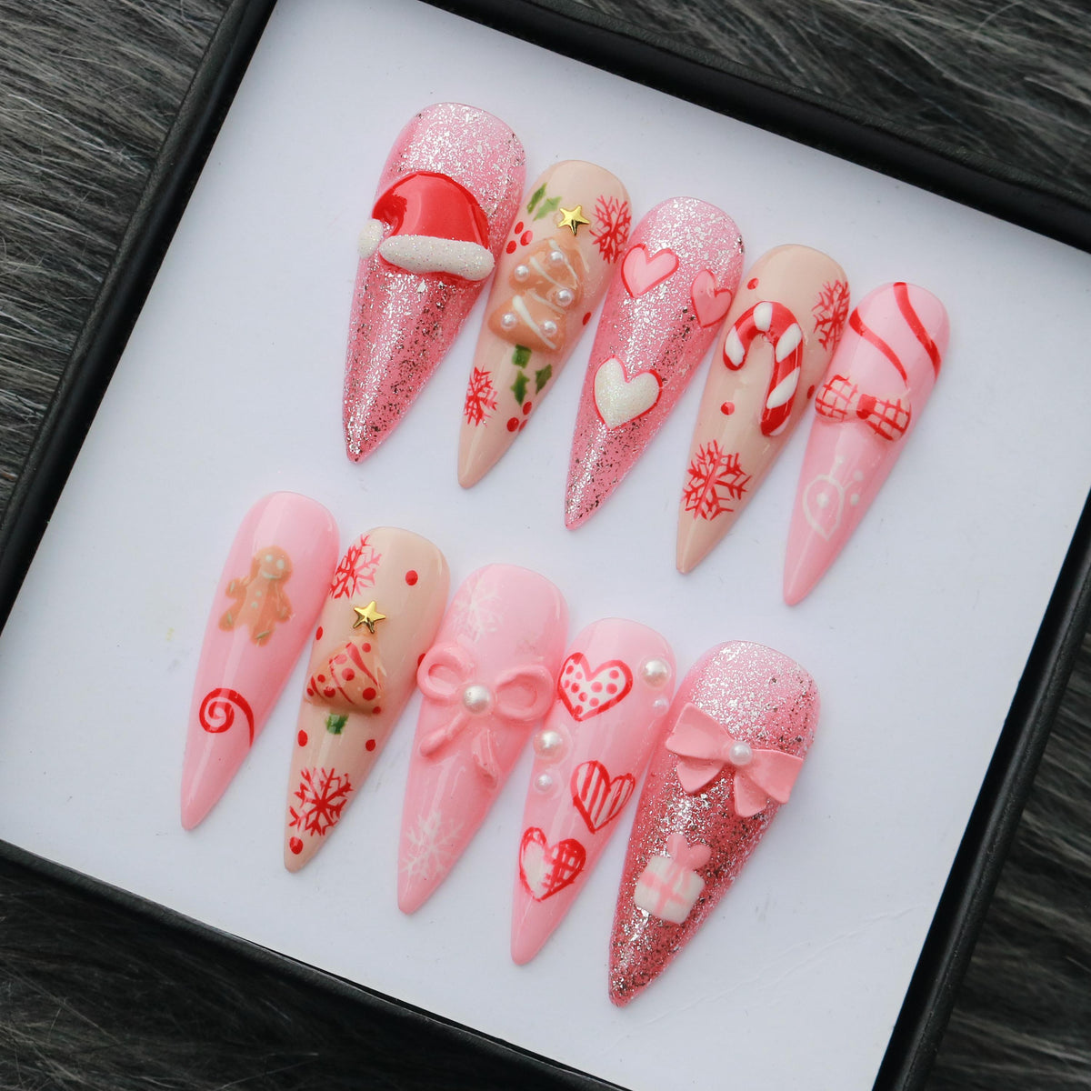 Pink and Red Christmas Press On Nails with 3D Bows, Gingerbread and Glitter