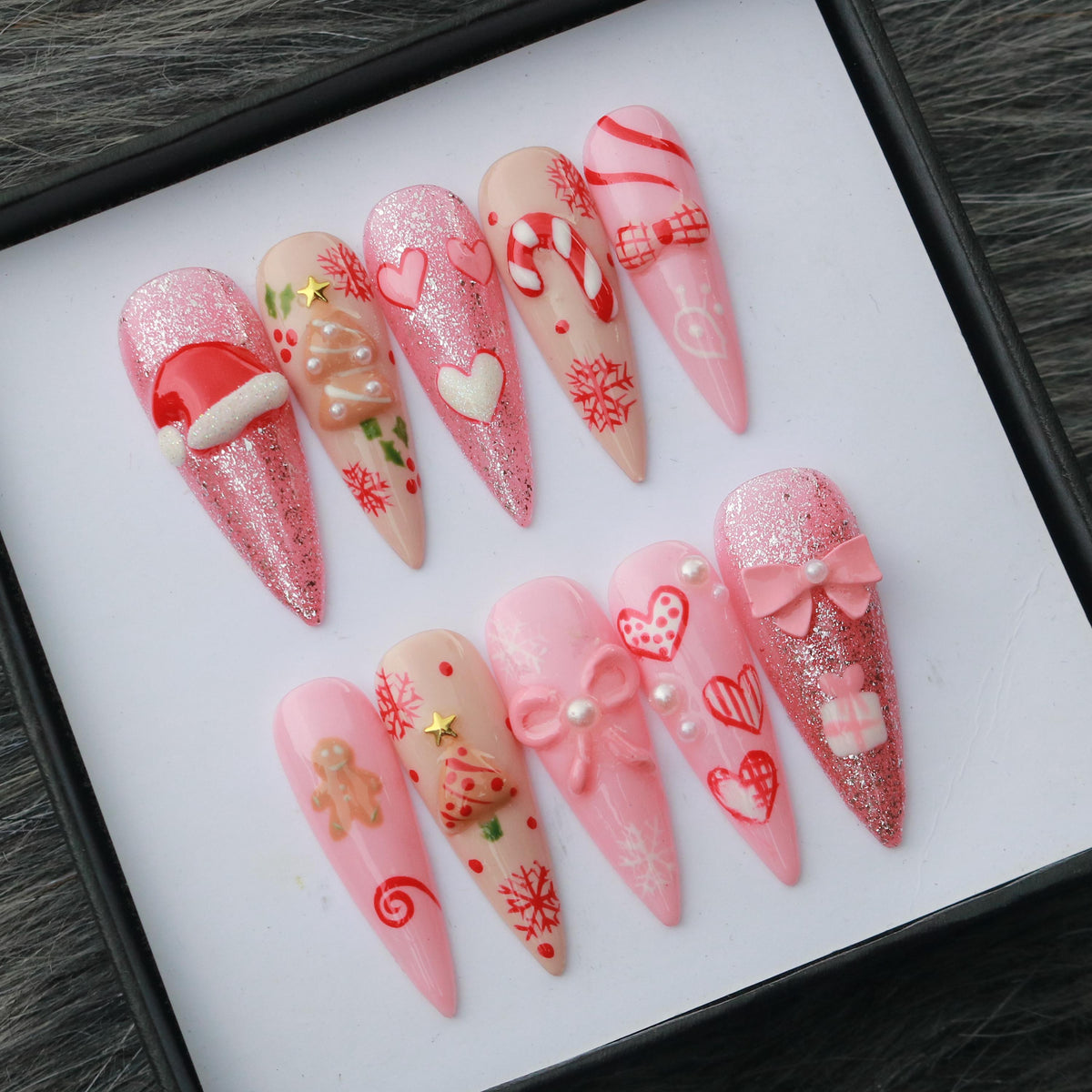 Pink and Red Christmas Press On Nails with 3D Bows, Gingerbread and Glitter