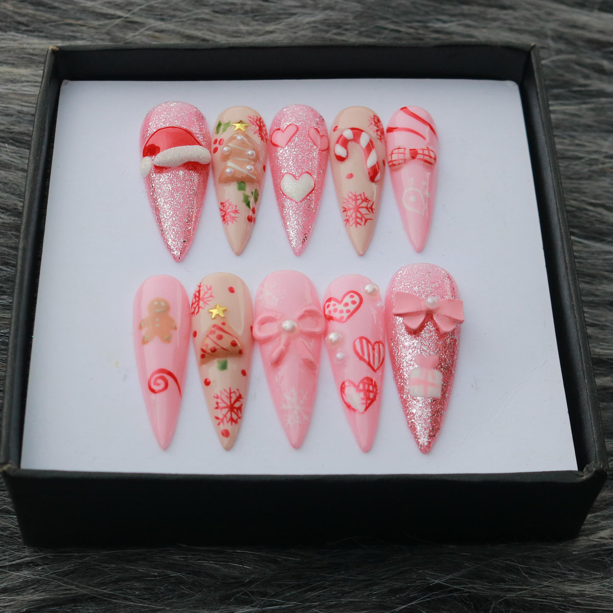 Pink and Red Christmas Press On Nails with 3D Bows, Gingerbread and Glitter
