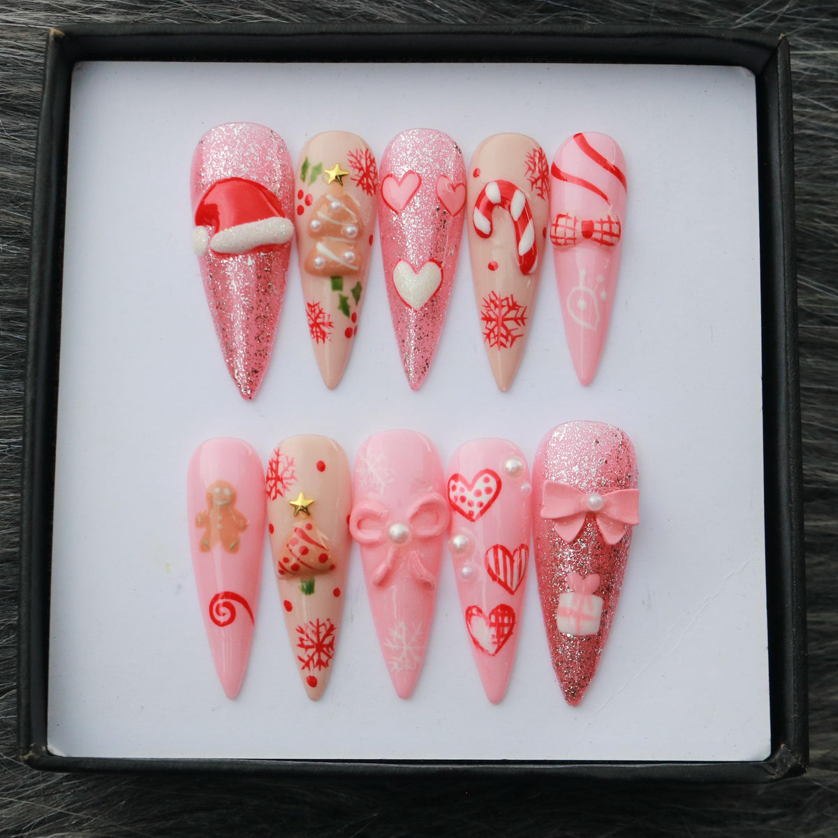 Pink and Red Christmas Press On Nails with 3D Bows, Gingerbread and Glitter