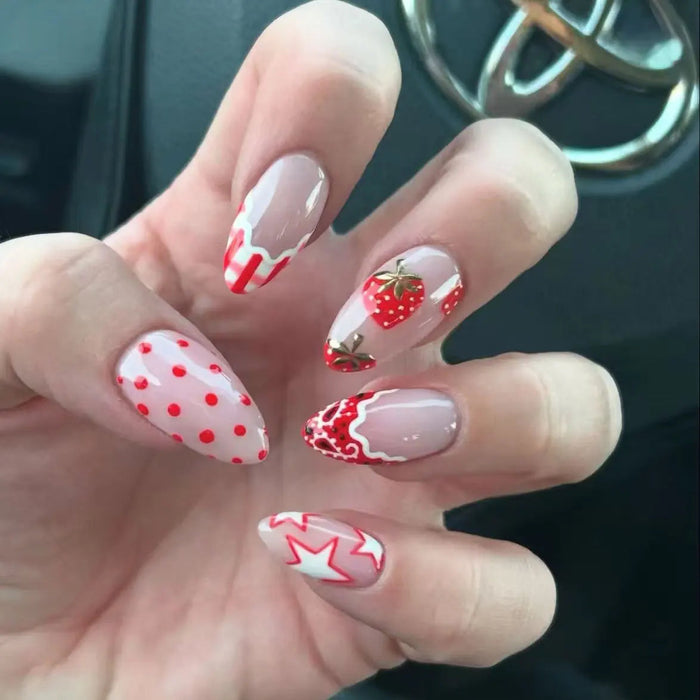 Pink and Red Strawberry French Tip Press On Nails