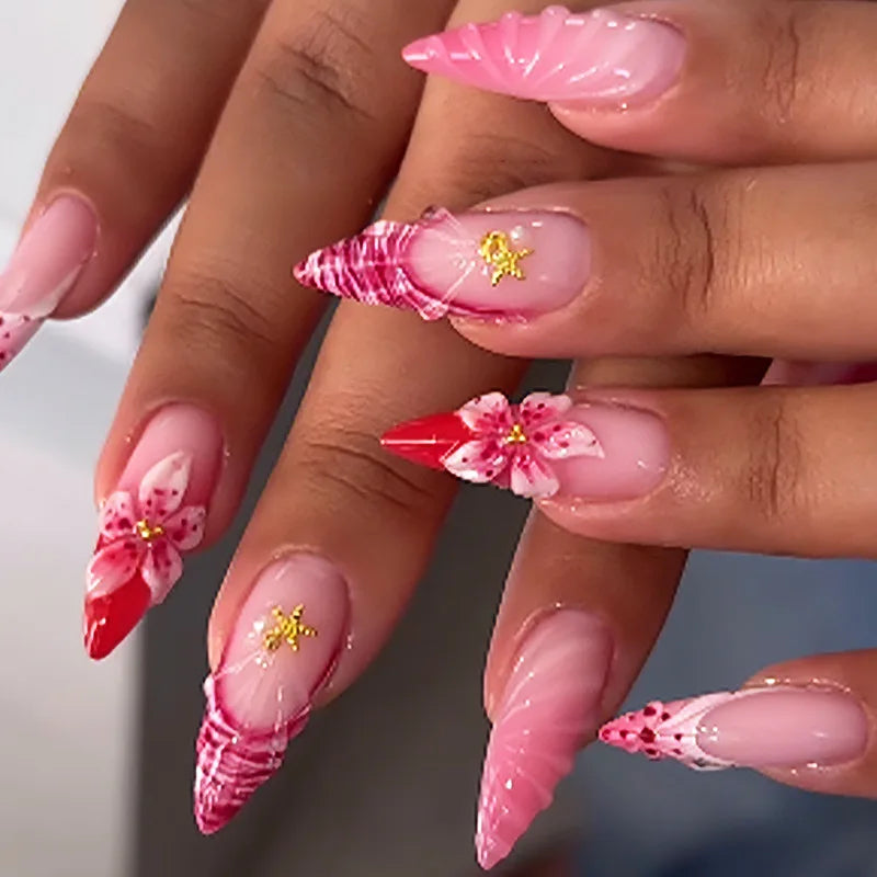 Pink and Red Striped Floral Press On Nails with Raised 3D Flowers