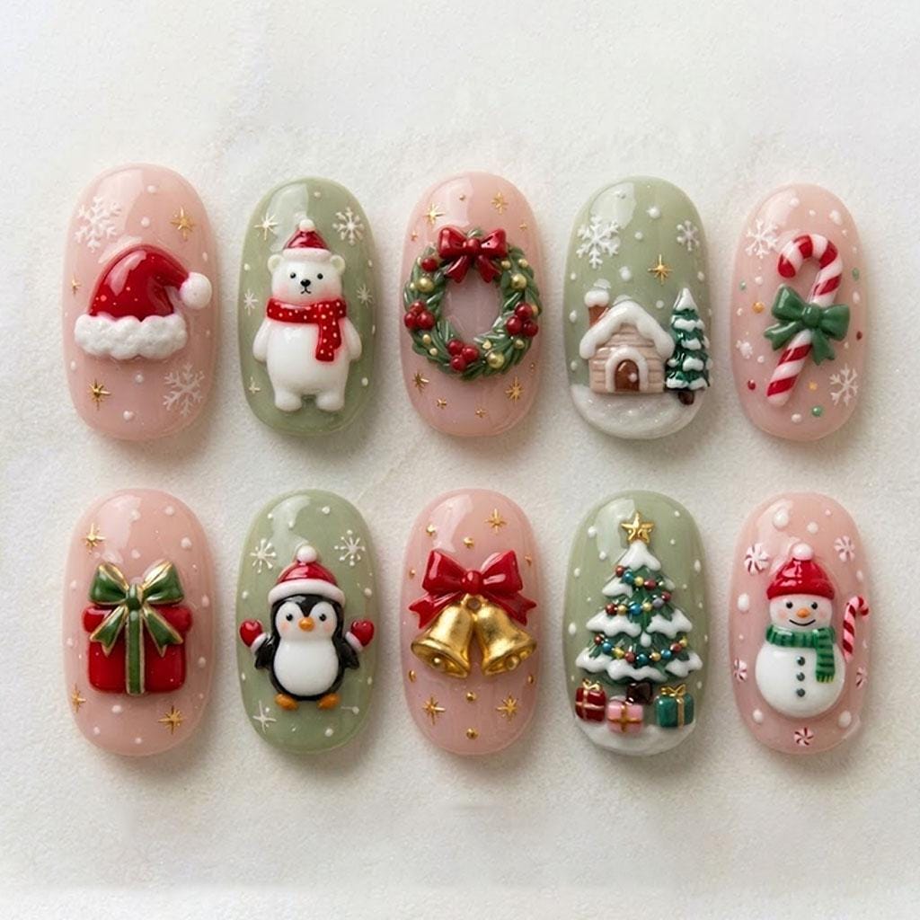 Pink and Sage Christmas Press On Nails with 3D Snowmen, Penguins and Holiday Details