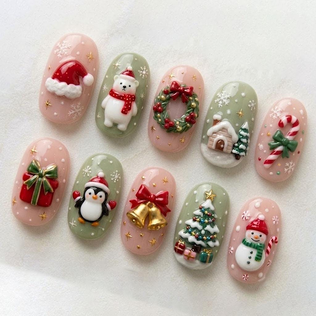Pink and Sage Christmas Press On Nails with 3D Snowmen, Penguins and Holiday Details