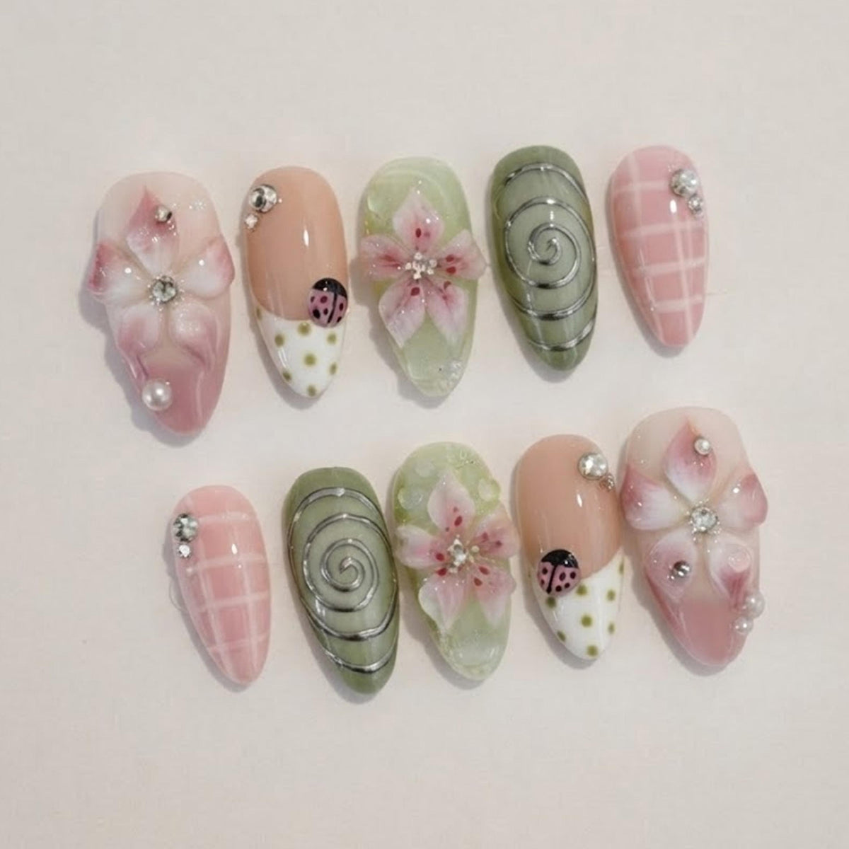 Pink and Sage Spring Garden Nails with 3D Flowers and Ladybugs