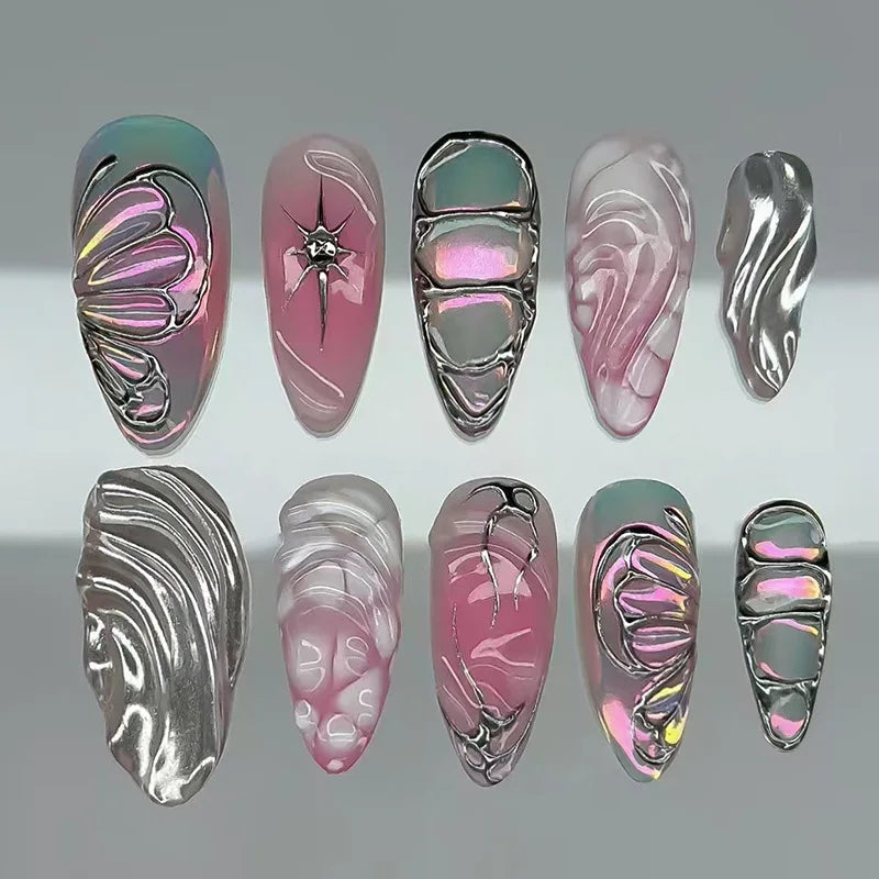 Pink and Silver Chrome Shell Wave Nail Set