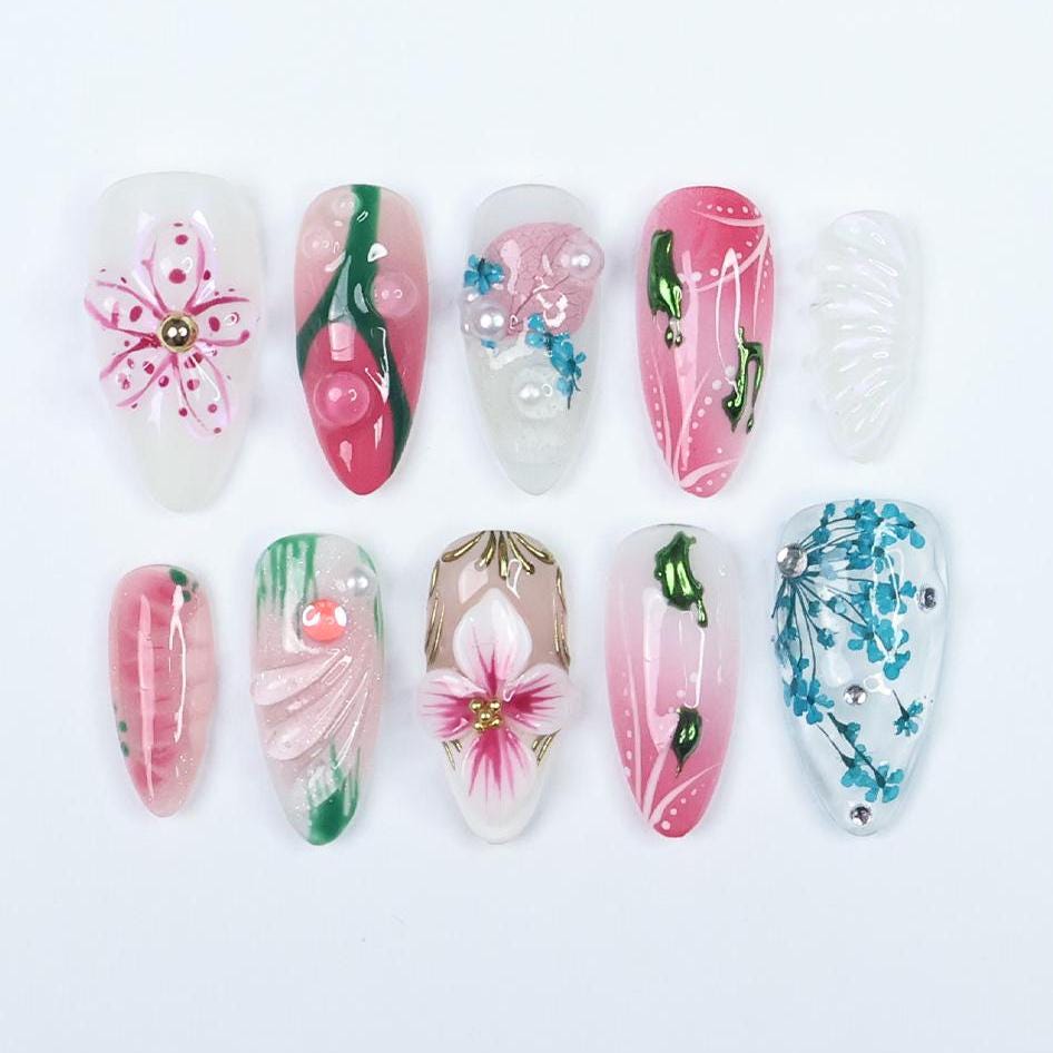 Pink and Teal Floral Vine Press On Nail Set with Raised Flowers