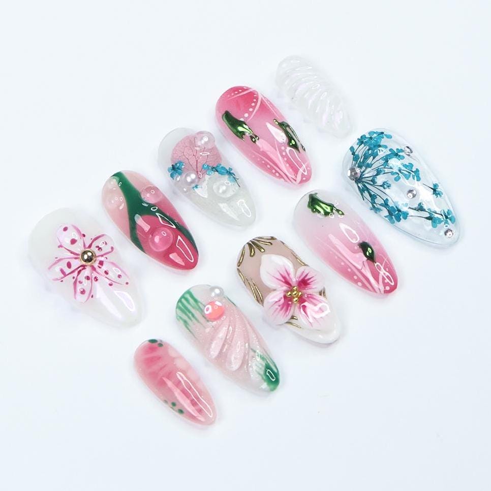 Pink and Teal Floral Vine Press On Nail Set with Raised Flowers