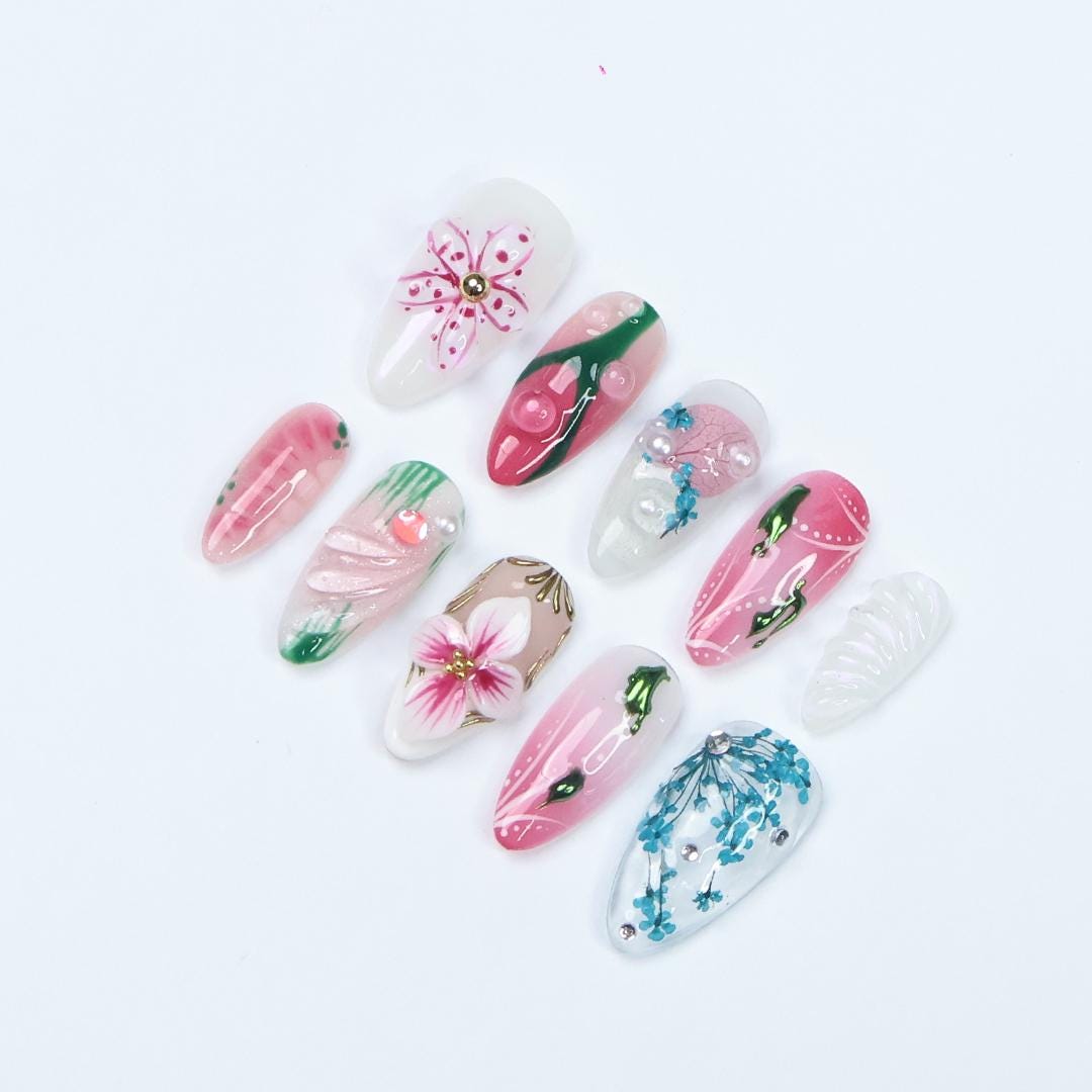 Pink and Teal Floral Vine Press On Nail Set with Raised Flowers