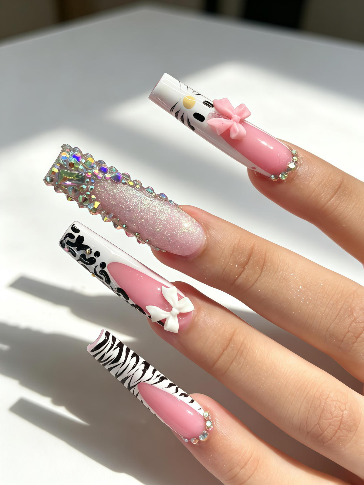 Pink and White Animal Print Press-On Nails with 3D Bows, Glitter and Rhinestones