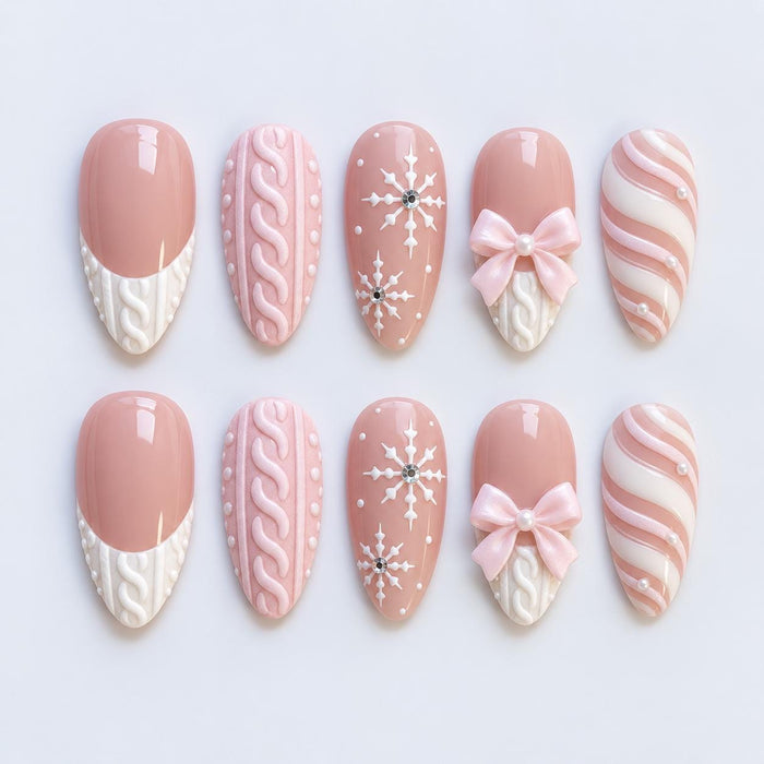 Pink and White Christmas Press On Nails with Sweater Texture, Snowflakes and Bows