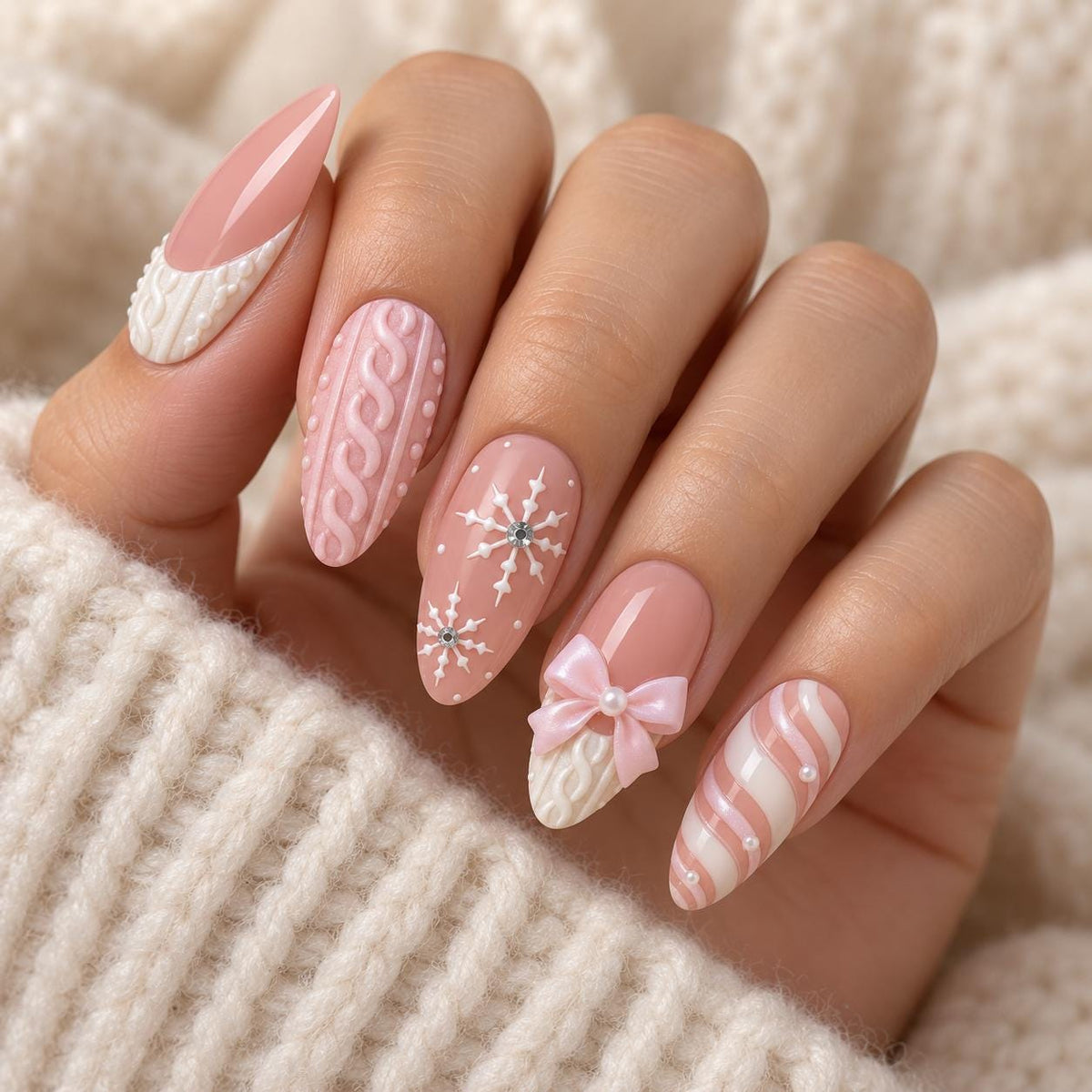 Pink and White Christmas Nails with Sweater Texture, Snowflakes and Bows
