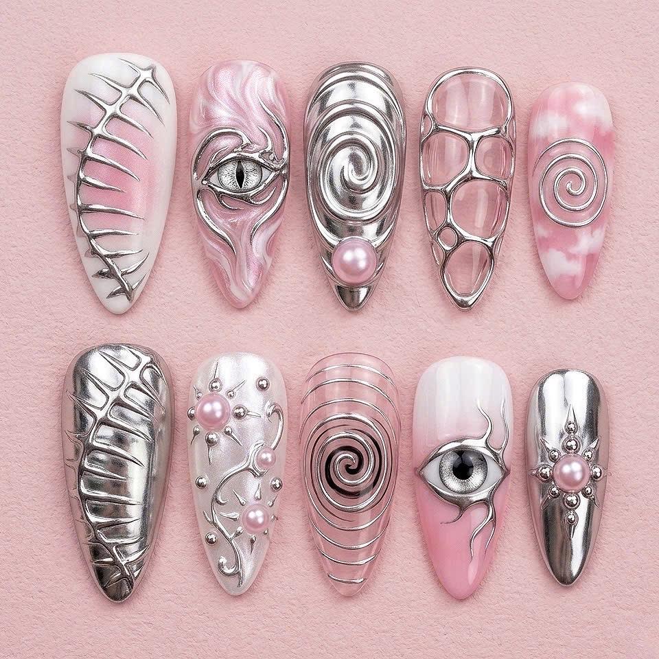Pink and White Chrome Eye Nail Set With Raised Silver Details and Pearls