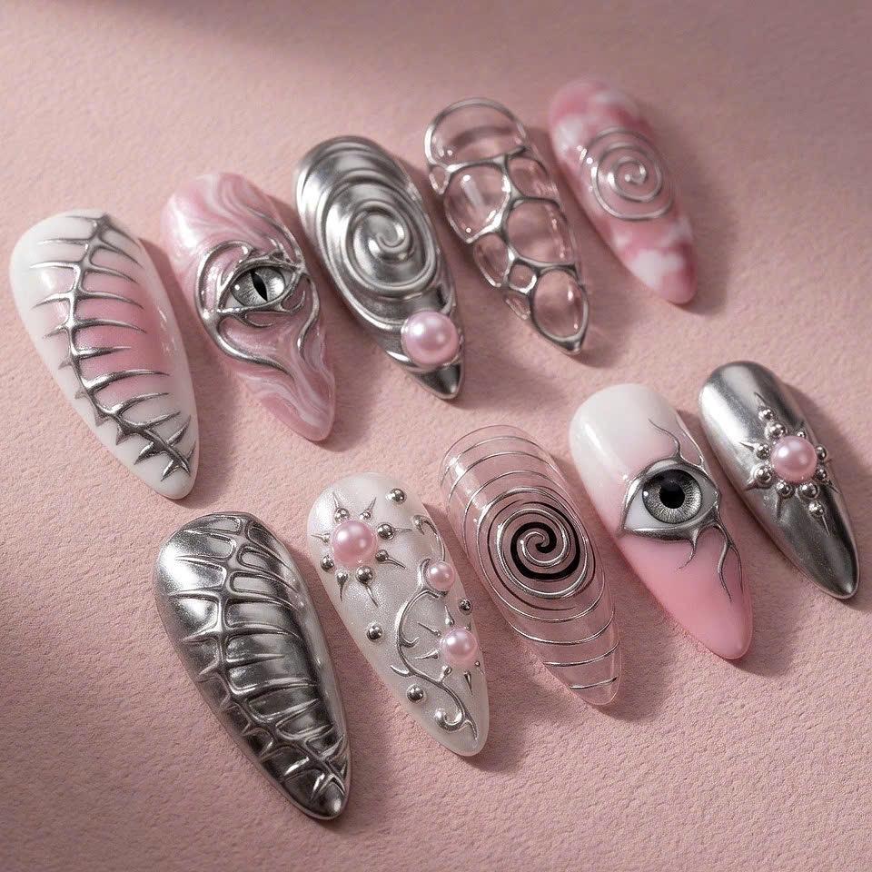 Pink and White Chrome Eye Nail Set With Raised Silver Details and Pearls