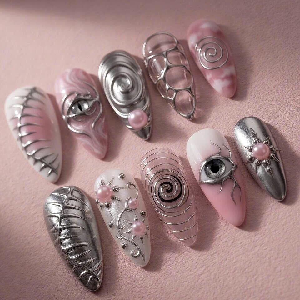 Pink and White Chrome Eye Nail Set With Raised Silver Details and Pearls