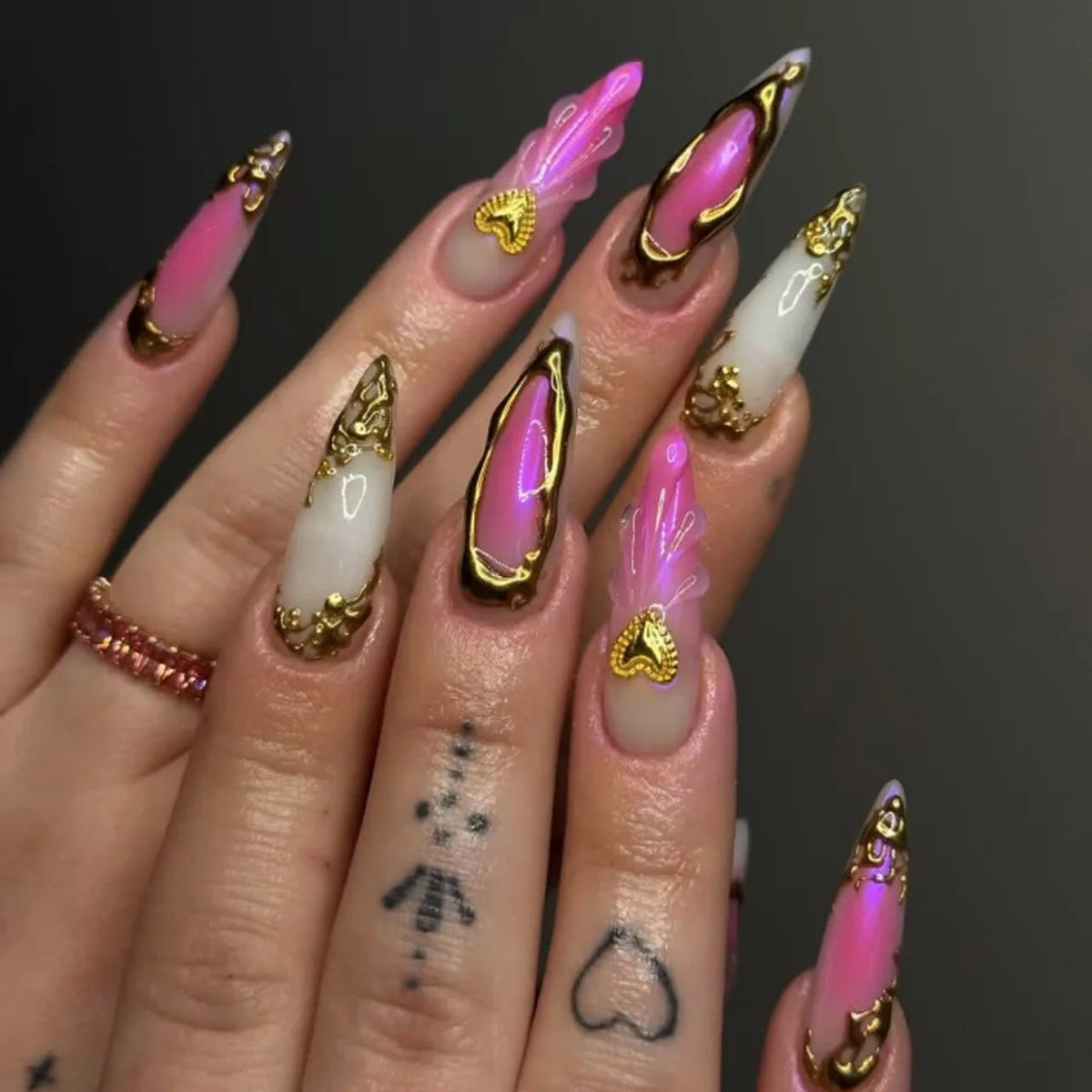 Pink and White Chrome Press-On Nails with Gold Details and Butterfly Charms