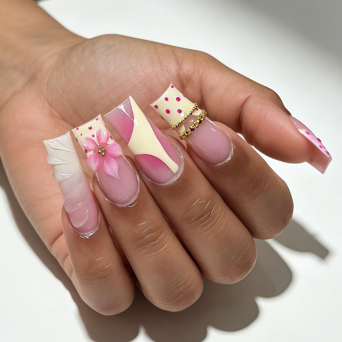 Pink and White Color Block Wedding Press On Nails with 3D Flower and Gold Chain Trim
