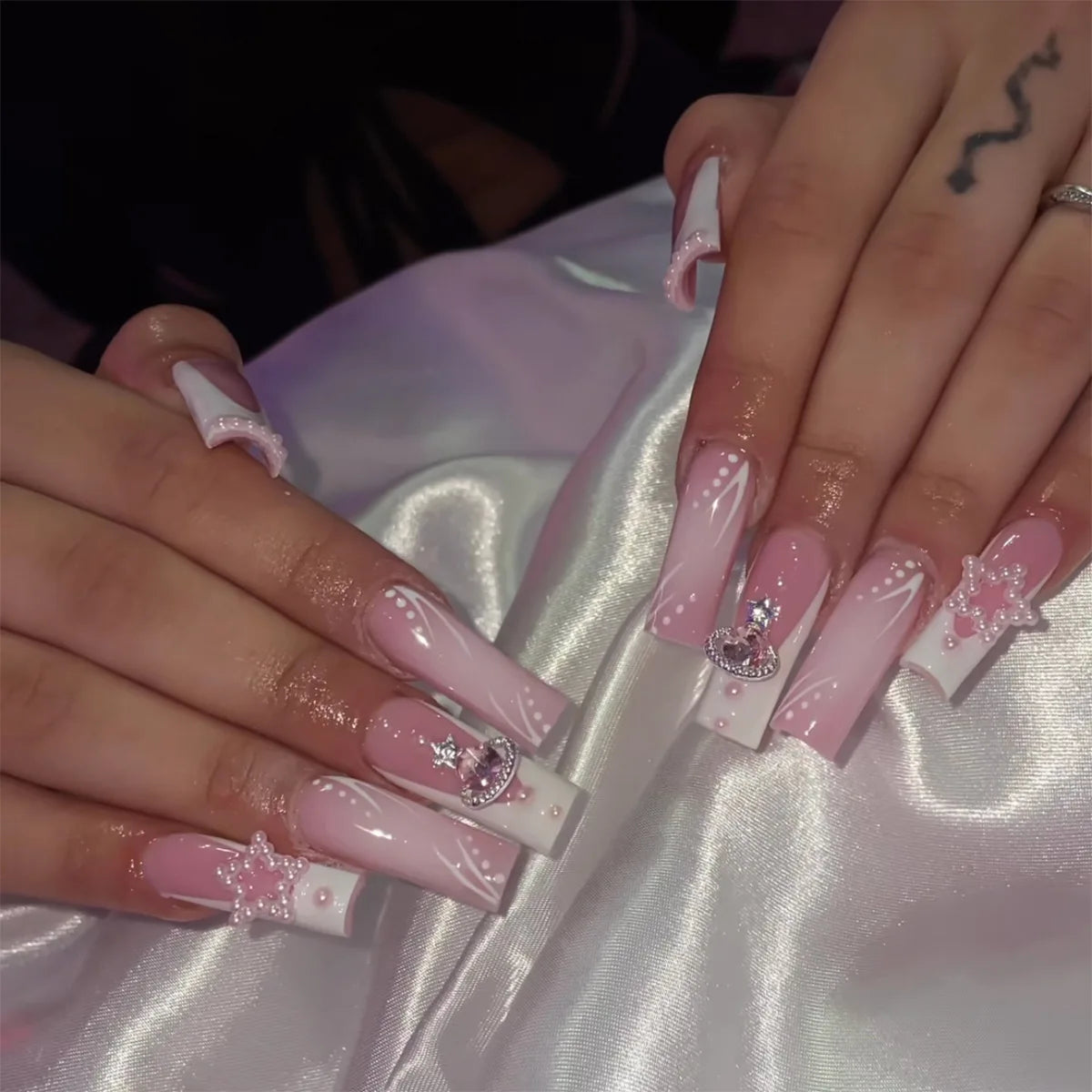 Pink and White French Tip Press On Nails With Rhinestone Charms