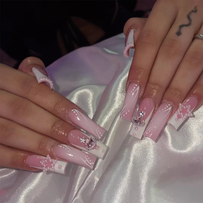 Pink and White French Tip Press On Nails With Rhinestone Charms
