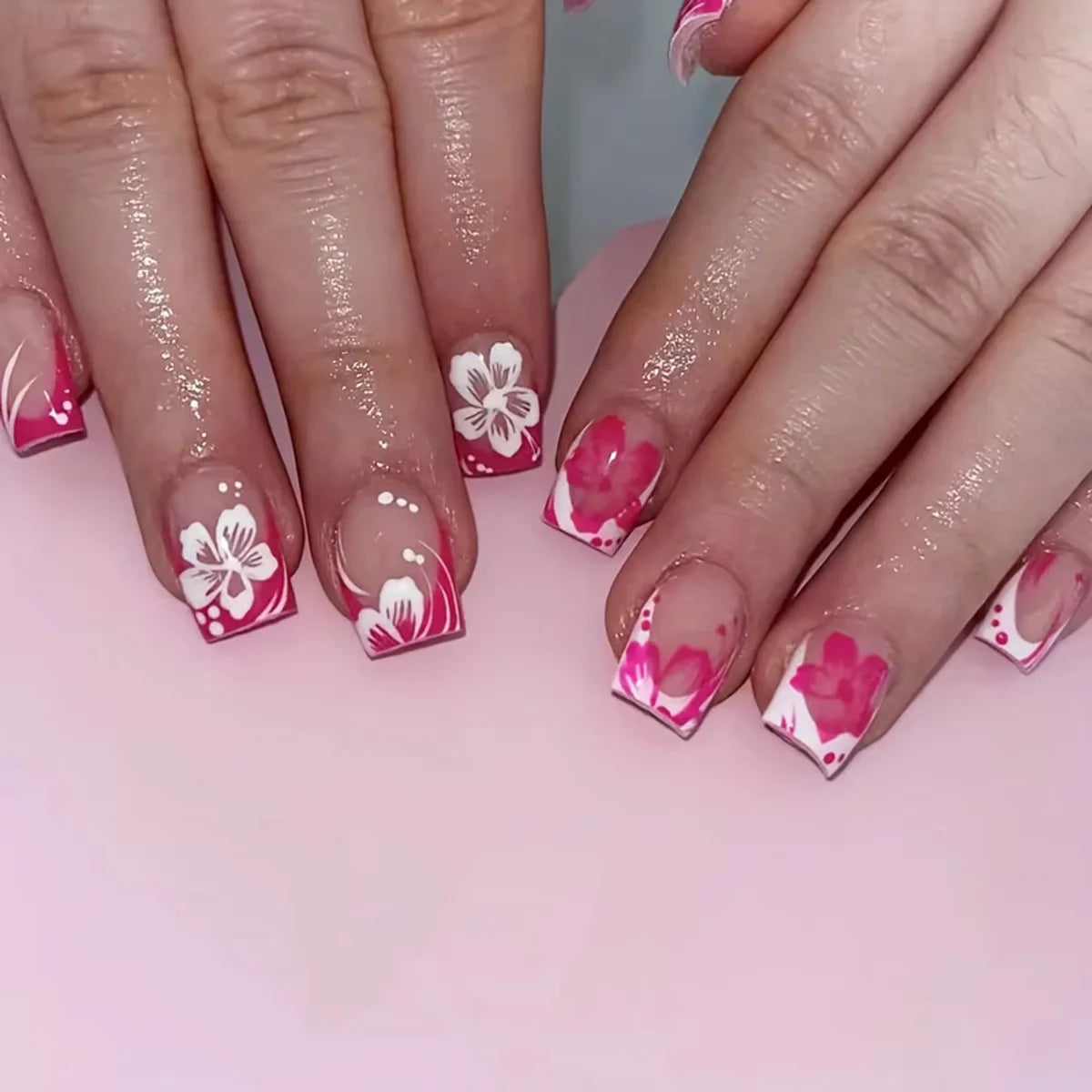 Pink and White Hibiscus Floral French Tip Nail Set