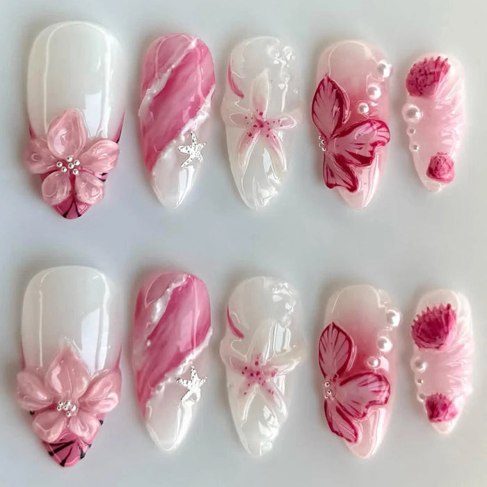 Pink and White Marble Butterfly and Floral Press On Nails With 3D Flowers and Pearl Accents