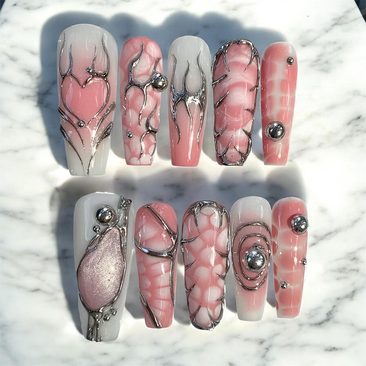 Pink and White Marble Heart Press On Nails with Silver Lines and Glitter Accent