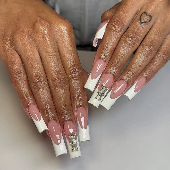 Pink and White Press On Nail Set with French Tips, Hearts, Flowers and Rhinestone Accents