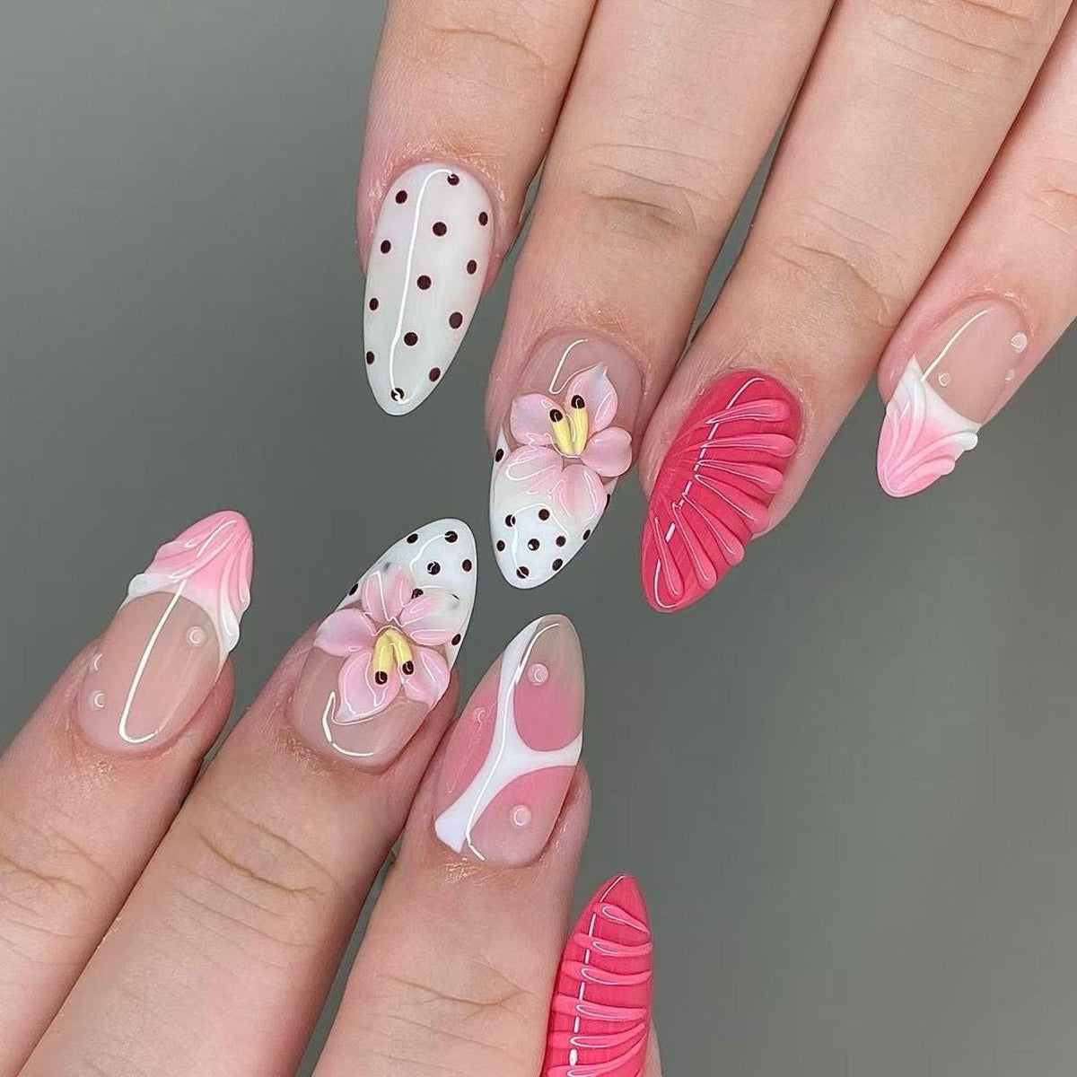 Pink and White Polka Dot Floral Press On Nails with Raised Flowers