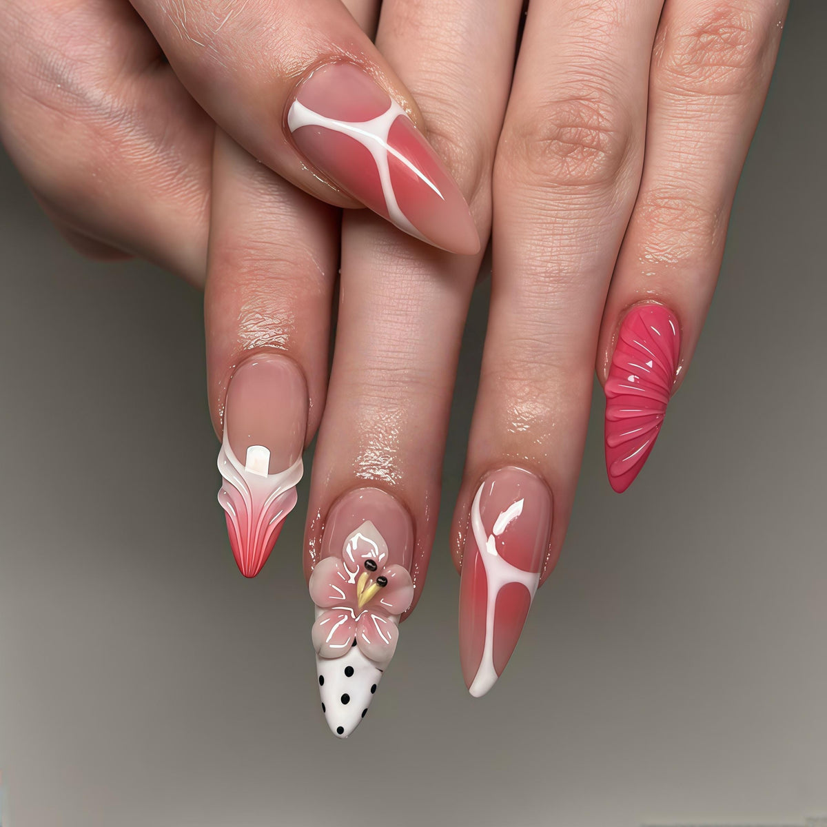 Pink and White Polka Dot Flower Nail Set with 3D Flowers