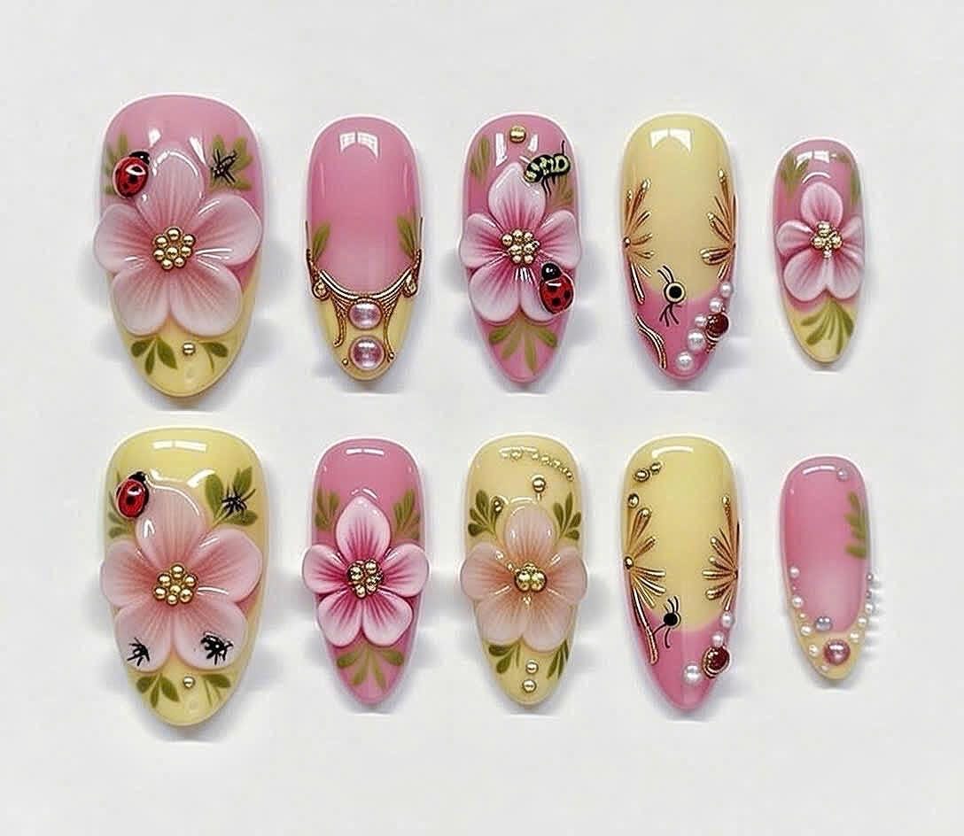 Pink and Yellow 3D Floral Garden Press On Nails with Ladybugs, Bees, Pearls and Gold Details