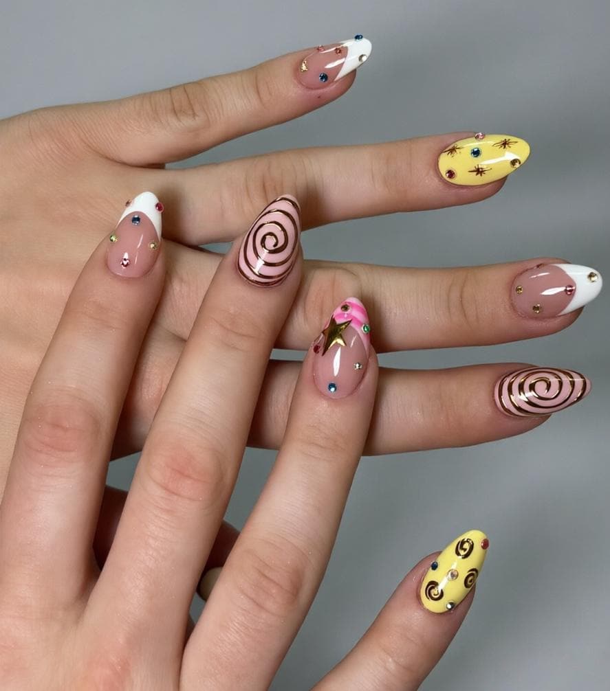 Pink and Yellow Star Spiral French Tip Nail Set with Rhinestones