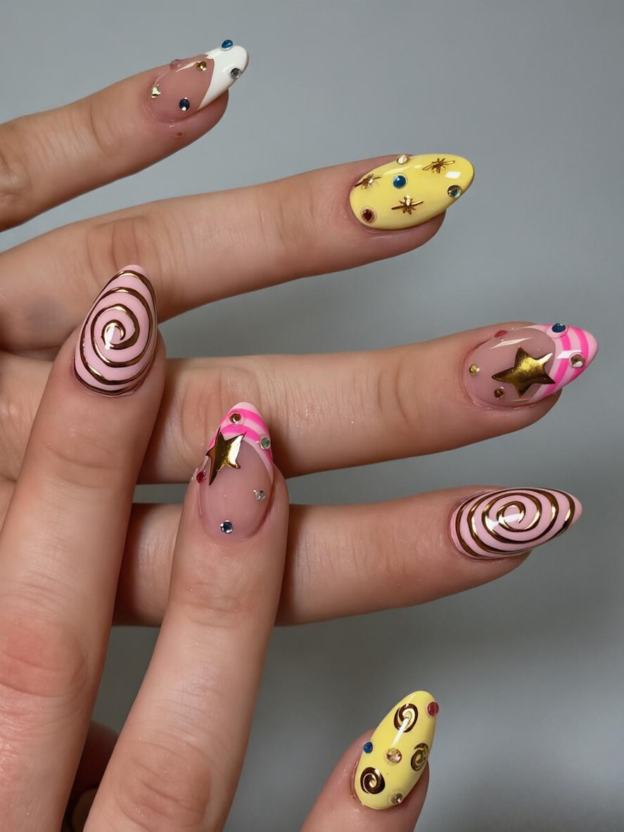 Pink and Yellow Star Spiral French Tip Nail Set with Rhinestones