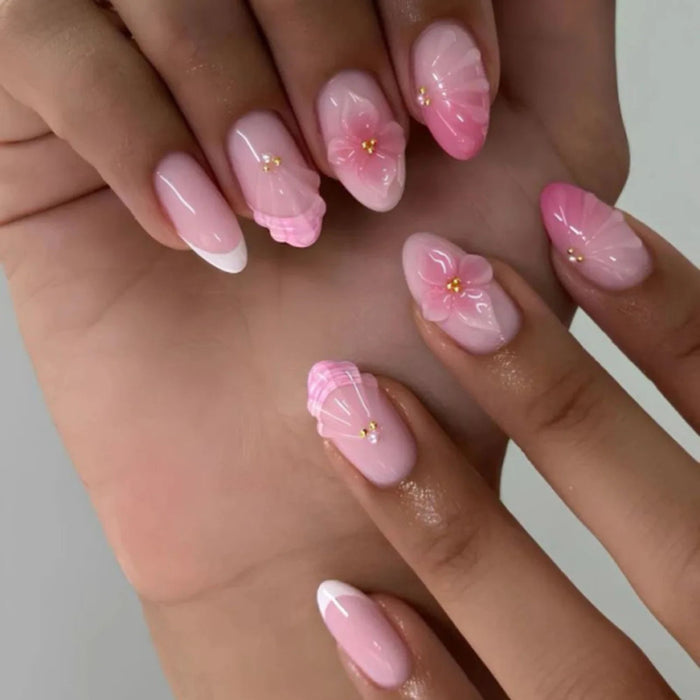 Pink Aura French Tip Press On Nails With 3D Flowers and Pearl Accents