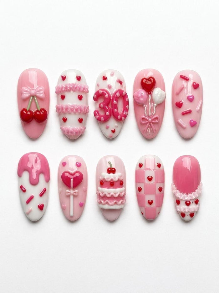 Pink Birthday Number Press On Nail Set With 3D Cakes, Cherries, Bows and Hearts