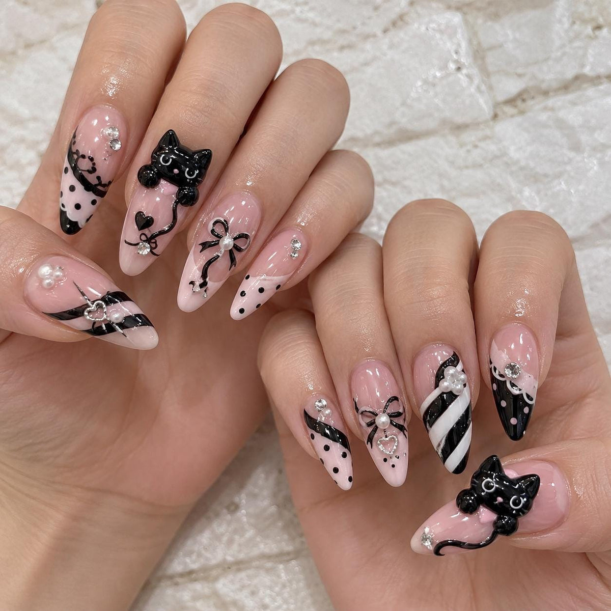 Pink Black and White Cat Floral Press On Nails with Bows and Rhinestones