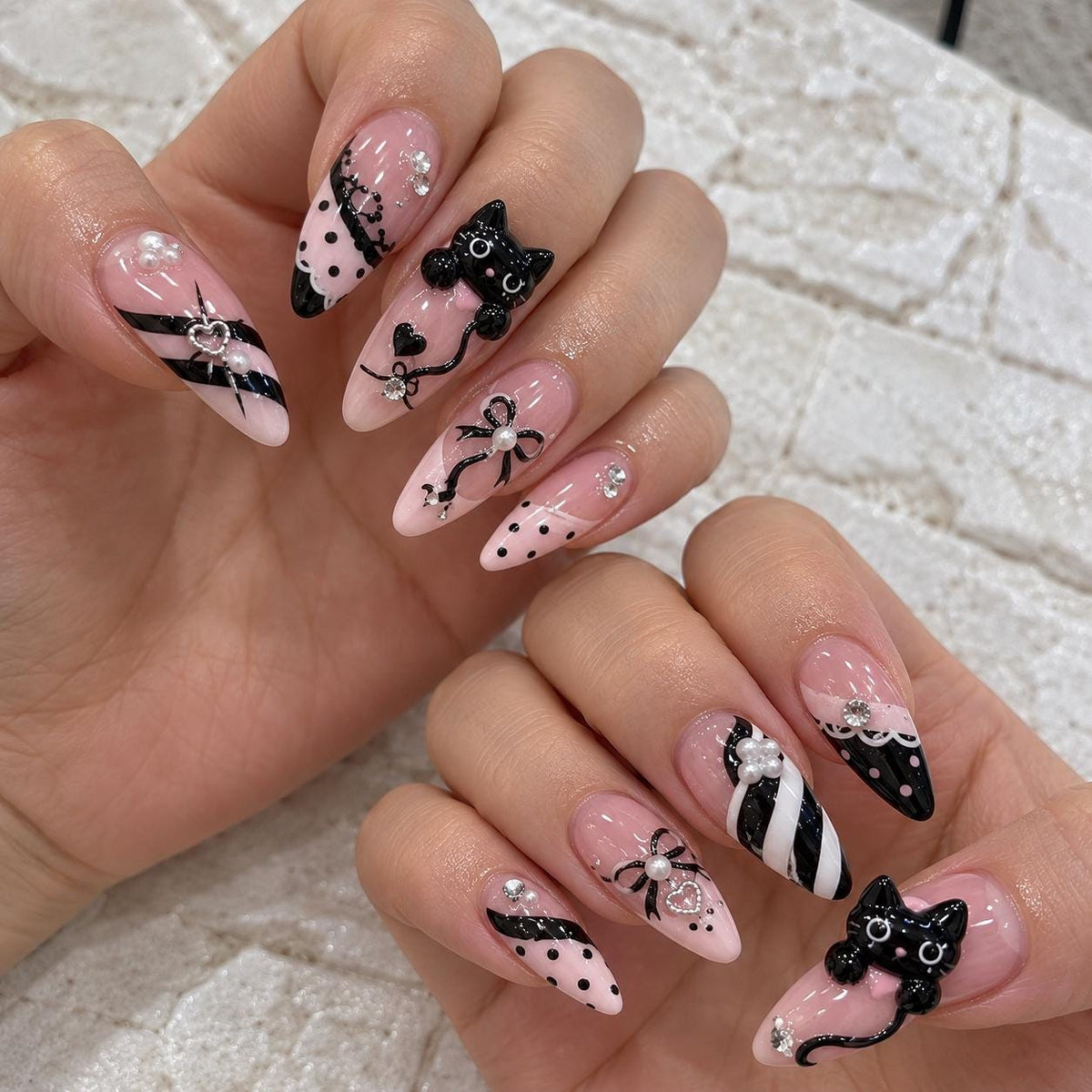 Pink Black and White Cat Floral Press On Nails with Bows and Rhinestones