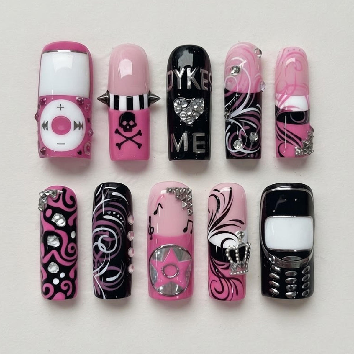 Pink, Black & Silver Y2K Graphic Press On Nail Set With Swirls, Charms & Rhinestones