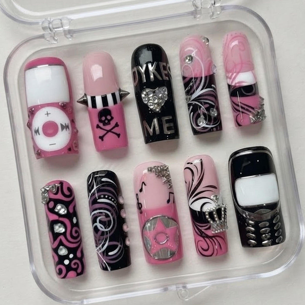 Pink, Black & Silver Y2K Graphic Press On Nail Set With Swirls, Charms & Rhinestones