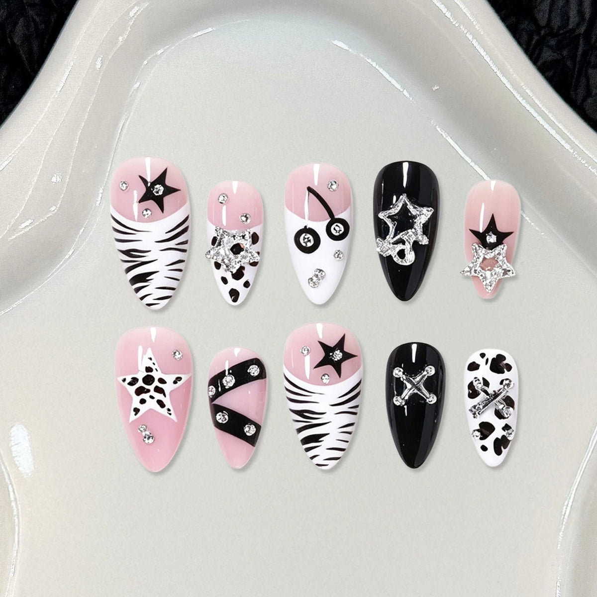 Pink, Black & White Animal Print Star Charm Nail Set