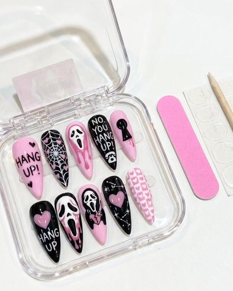 Pink, Black & White Ghost Mask Halloween Nail Set