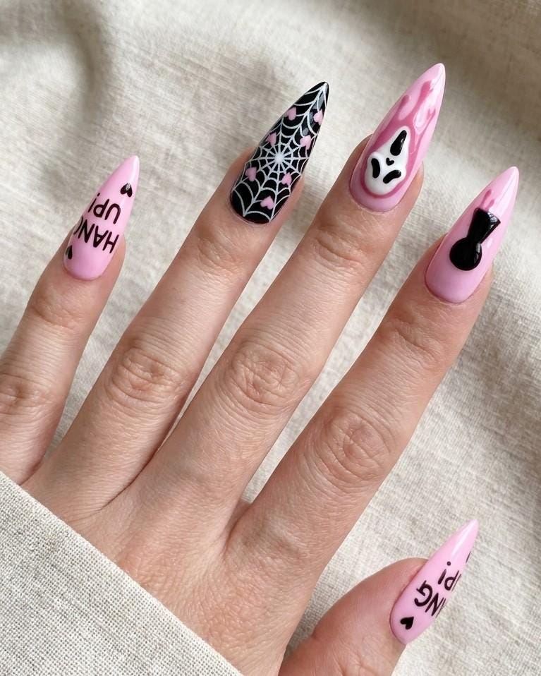 Pink, Black & White Ghost Mask Halloween Nail Set