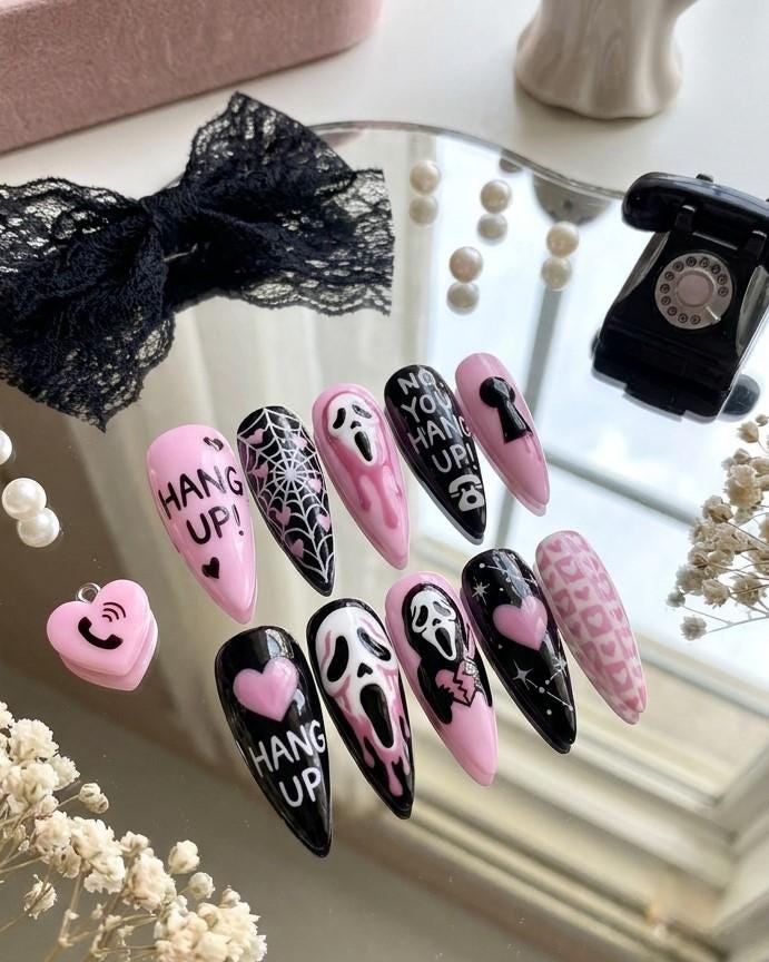 Pink, Black & White Ghost Mask Halloween Nail Set