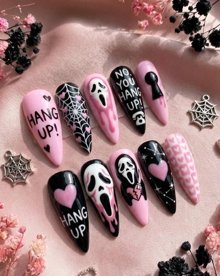 Pink, Black & White Ghost Mask Halloween Nail Set