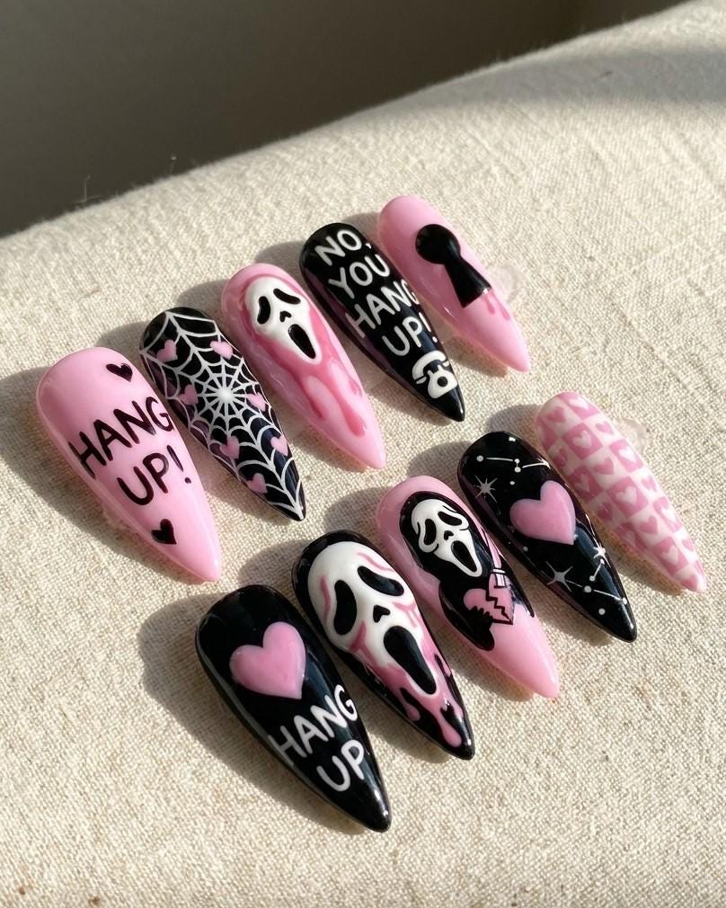 Pink, Black & White Ghost Mask Halloween Nail Set