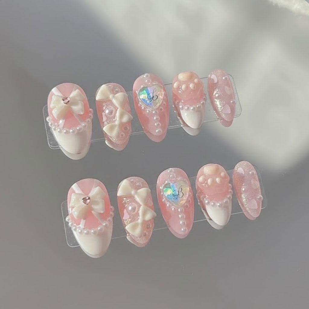 Pink Bow and Pearl Press-On Nails with Iridescent Accents