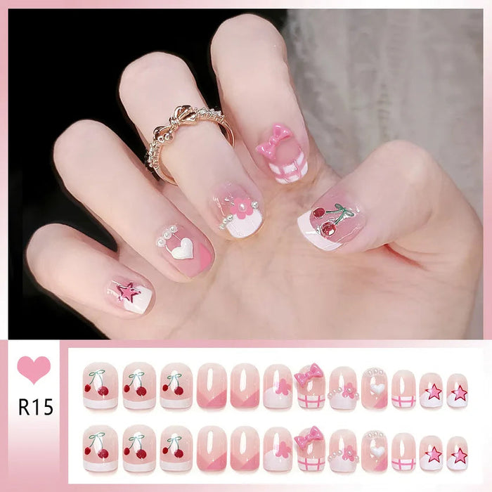 Pink Bow French Tip Press On Nails With Cherries, Hearts and Stars