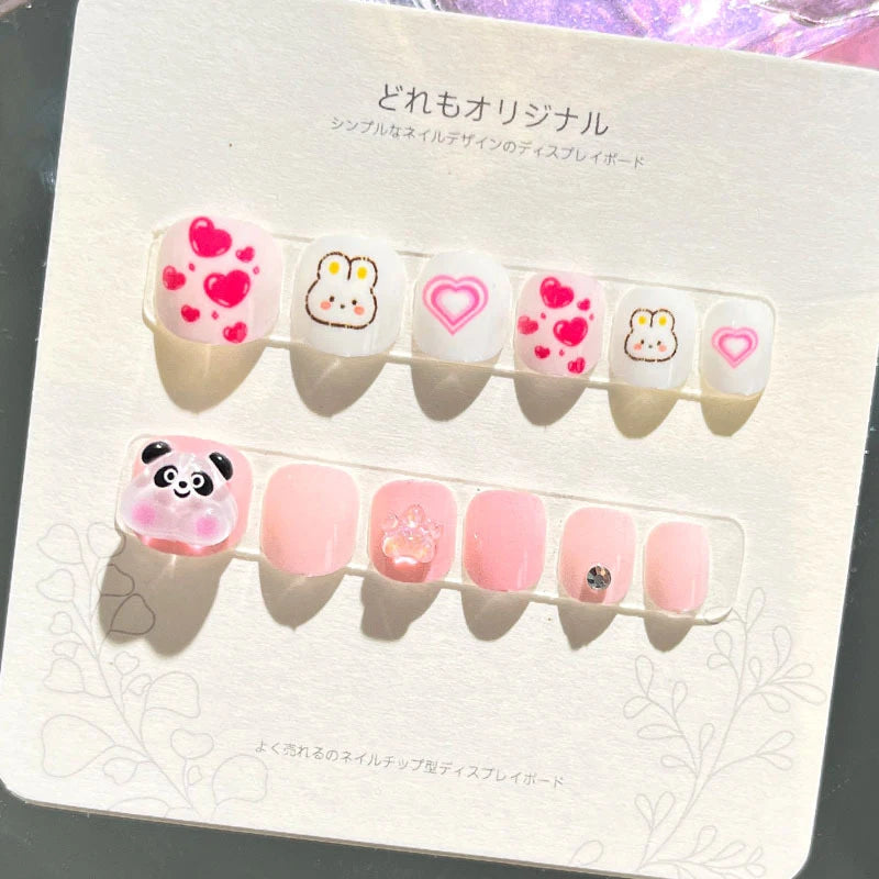Pink Bunny and Panda Press On Nails with Hearts and Floral Accents